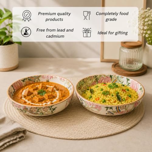 Image of Niyara Stoneware Handmade Ceramic Stylish Premium Bowls Serving Bowls Microwave Dishwasher Safe (Premium Floral Print Set of 2)
