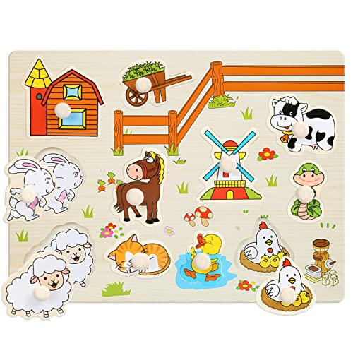 Puzzle ab 1 Jahr, 2 3 Jahre, Holzpuzzle 1 Jahr Steckpuzzle Holz mit Tieren vom Bauernhof Holzspielzeug für Kinderaus Lernspielzeug Geschenk für Jungen Mädchen Kinder Steckspiel Montessori Spielzeug Cover