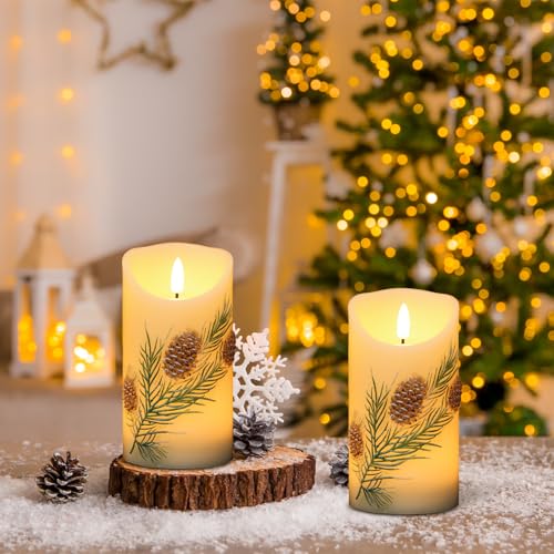 Image of Pinecone Flameless Flickering Candles Battery Operated with 6H Timer 3D Wick LED Pillar Candles Real Wax Hand-Painted Dinner Holiday Christmas Indoor Decoration(2 Pack, 3 inch D x 5.7 inch H)