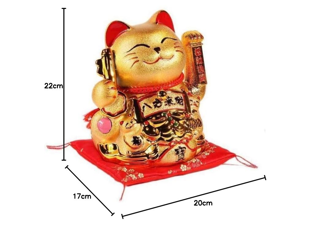 lachineuse Duży złoty Maneki Neko z ruchomym ramieniem - Szczęśliwy japoński kot statuetka - Statua 20 cm - Złoty przedmiot dekoracyjny Kawaii - Pomysł na prezent w Japonii - Powodzenia, Fortuna