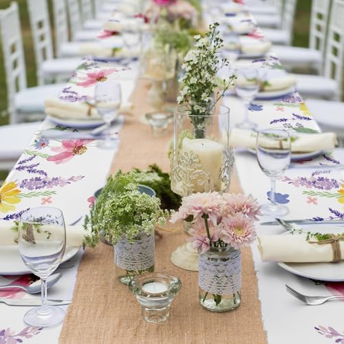 Image of Kochorie Spring Flower Tablecloth Roll with Cutting Box 54 Inch x 100 Feet Butterfly Wildflower Plastic Disposable Tablecloth Picnic Themed Backdrop Tea Party Supplies for Holiday Weeding Birthday