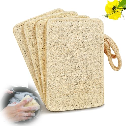 Natural Esponja Estropajo,4 Piezas Esponjas Naturales de Luffa con Cordón Esponja de Aire Orgánica Loofah Esponja Esponjas de Cocina de Lufa para Ollas,Sartenes,Utensilios y Encimeras,11x7cm
