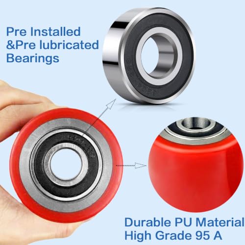 Image of A Pair Pallet Jack Load Wheels Replacement Kit 3 inchx3.75 inch(74.5mm x 93mm) Red | Including Heavy Duty PU Tread Wheels,Pre-Installed Bearings ID 20mm,Axles& Pins, Also for Manual Hand Lift Truck Rear
