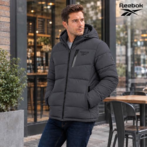 Image of Reebok Mens Quilted Puffer Jacket, Weather Resistant Hooded Winter Coat