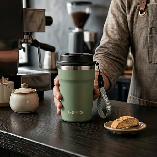Image of Travel Coffee Tumbler with Lanyard - Insulated Stainless Steel Mug, Leak-Proof, Keeps Hot 6H & Cold 8H - Green, 400 ML