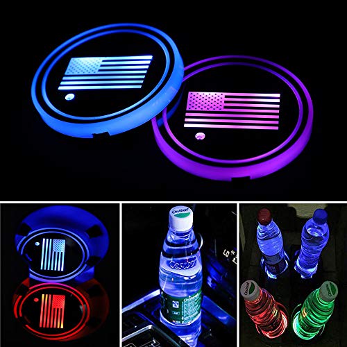ACODABLEM 2 Pack LED Cup Holder Lights Car Coaster with 7 Colors Changing USB Charging Mat Luminescent Cup Pad Interior Atmosphere Lamp Decoration Light(Multi Flag)