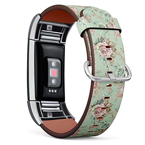 Compatible with Fitbit Charge 2 - Leather Watch Wrist Band Strap Bracelet with Stainless Steel Clasp and Adapters (Watercolor Roses Bud)