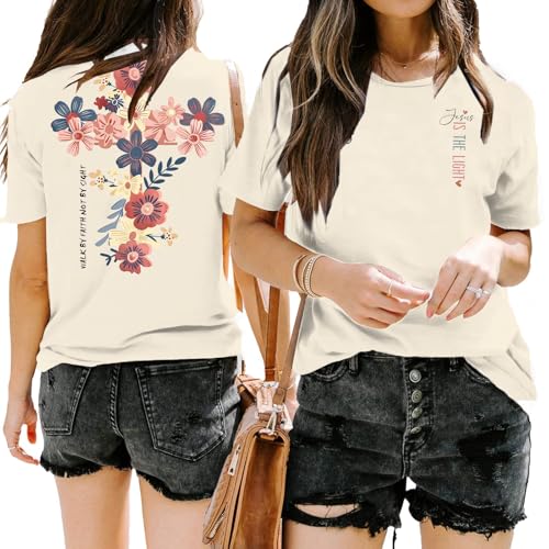 Christian Bible Verse Graphic T Shirts Women Jesus is The Light Print Tees Religious Gift Inspirational Casual Tee Tops3