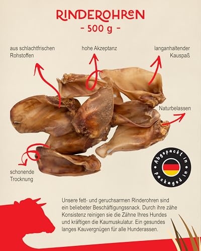 MIMOS Rinderohren für Hunde 500g - Natürliche Kauartikel ohne Zusätze und Getreide