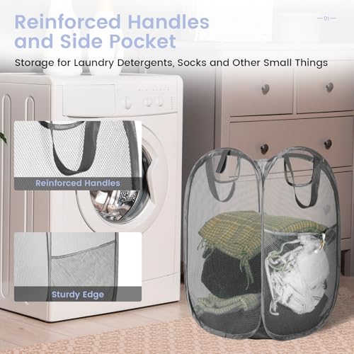 Image of HOUSE AGAIN 2Pack Strong Mesh Pop Up Laundry Hamper, 70L Collapsible Laundry Basket with Steel Frame, Double‑Stitched Handles & Side Pocket, Foldable Dirty Clothes Hamper for Dorm, Bedroom, Grey