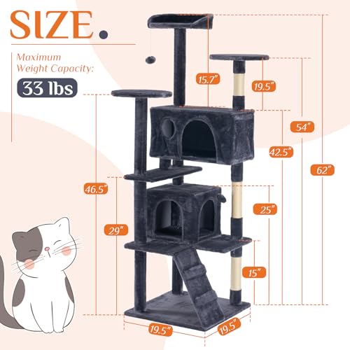 Image of Sweetcrispy 62 Inch Cat Tree Tower, Multi-Level with Cat Scratching Post, Indoor Cat Condo with Climbing Ladder, Plush Toy, Play House for Cat, Dark Grey