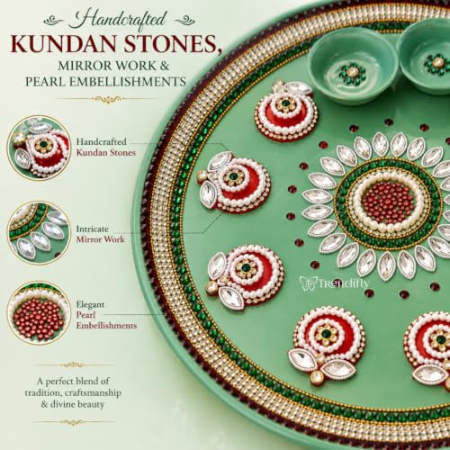 Image of Trendifly Mint Green Metal Pooja Thali Set with 5 Diya Holder | Mirror Stone Work Puja Aarti Thali Set for Home Mandir Temple Room | Home Ceremony Pooja Wedding Baby Shower Festival Return Gifts