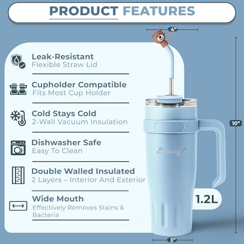 Image of Insulated Tumbler with Straw Lid and Handle (1200 ML) Double Wall Sipper Water Bottle for Adults, Tumbler Bottle with Straw (Arctic Blue, 1200 ML, with Bear Straw Coverr)