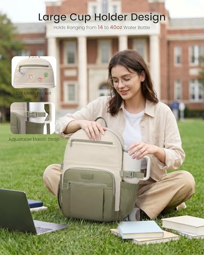 Image of LOVEVOOK Laptop Backpack for Women with Giant Tumbler Holder - DIY 15.6Inch Work Computer Travel Backpack with Laptop Compartment, Water Resistant, Commuter College Teacher Nurse Purse Bag, Green