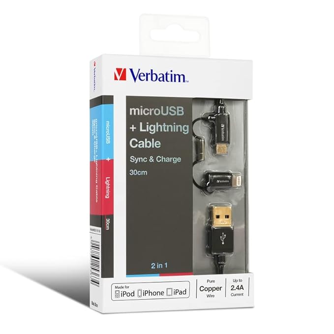 Verbatim 30 cm Metallic 2-in-1 cable Black (microUSB and Lightning 8pin connectors) 11.8 Inch at Rs. 619