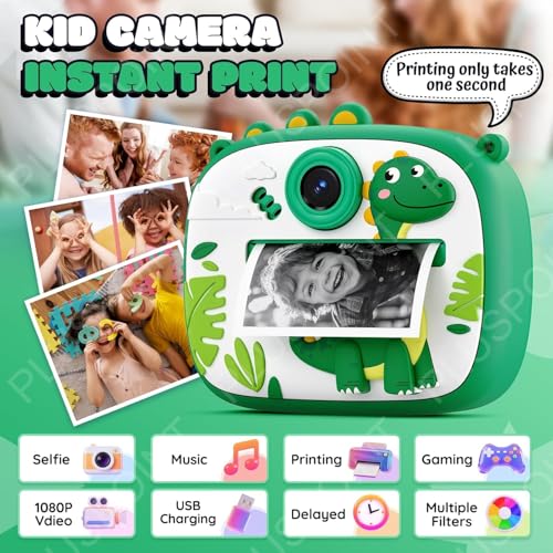 Image of PLUSPOINT Instant Print Camera for Kids Cute Cartoon, Dual Selfie Digital Camera with 1080P HD Videos Recoding, Instant Photo Printer Best Birthday Gift for Boys and Girls