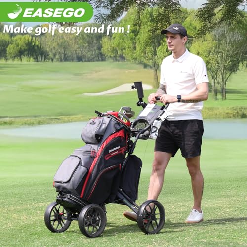 Image of EASEGO Golf Push Cart 4 Wheel : Golf Walking Carts with Phone Holder /Cup Holder /Umbrella Holder /Foot Brake /Cooler Basket 4 Wheel Superlite Golf Pull Cart All-Terrain Golf Caddy Carts(Lime Green)