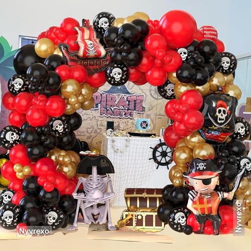 Image of Pirate Birthday Party Decorations, 142Pcs Red Black Metallic Gold Balloon Garland Arch Kit Pirate Ship Foil Mylar Balloon for Halloween Pirate Summer Pool Sea Sailing Adventure Ocean Theme Party