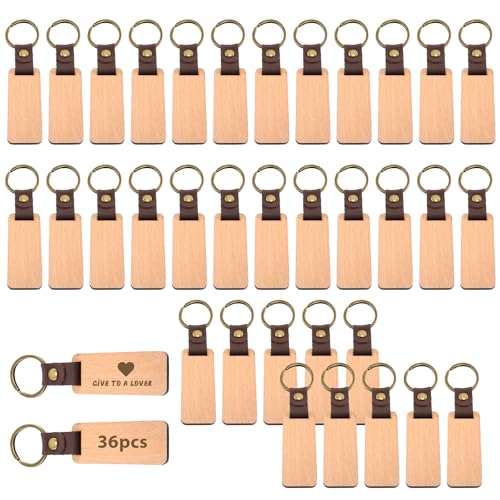 GOEDCH Portachiavi in Legno: 36 Pezzi Portachiavi Wooden, Portachiavi in Faggio Personalizzato in Pelle, Fai da Te Vuoto Portachiavi in Legno per Pittura, Decorazione, Incisione Laser