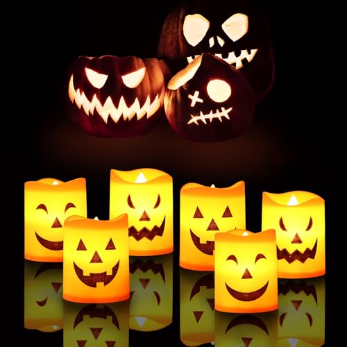 Image of 6PCS Halloween Tea Light for Indoor Home Decoration, Mini Flameless Jack-o'-Lantern Candle for Party Supplies, Gifts, Bedroom Table Spooky Decor