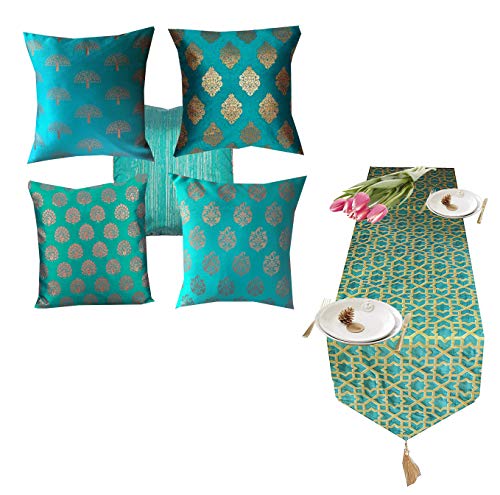 Pink parrot- Jacquard dopian Silk Multi Color Cushion Cover 5 pcs 16x16 inch and 1 pc Table Runner 12x70 inch-0AA156