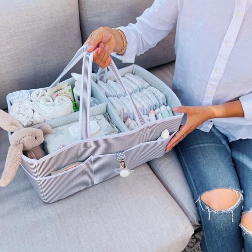 Image of Lily Miles Baby Diaper Caddy - Organizer Tote for Infant Boy or Girl - Baby Shower Basket - Nursery Must Haves - Registry Favorites - Newborn Caddie Car Travel - Gray /Mint, Extra Large