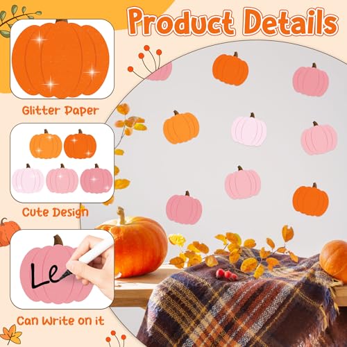 Image of Autumn Pumpkin Glitter Cutouts - 100Pcs Thanksgiving Pumpkin Shaped Cut-Outs Fall Paper Die Cut with Glue Points for Holiday Party Baby Shower Home School Classroom Bulletin Border Wall Decorations