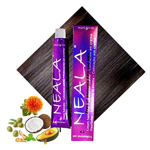 4.1- Coloración Profesional SIN AMONIACO y libre de PPD y MEA Enriquecido con Omega9, extractos naturales y vitaminas. Gran brillo y cobertura. - 4.1- Castaño medio Ceniza - NEALA 100ml Cover
