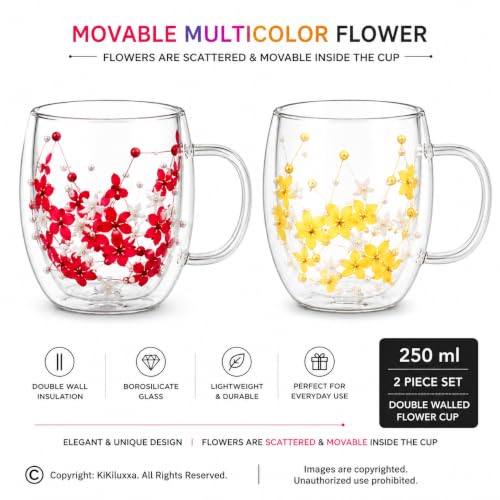 Image of KiKiluxxa 250ml Double Wall Glass Tea Coffee Mug Set of 2 | Glass Cups with Movable Decorative Flowers & Pearl Beads | Insulated Glass Mug for Tea, Coffee, Milk, Gift (Lavender Bloom+Sky Blossom)