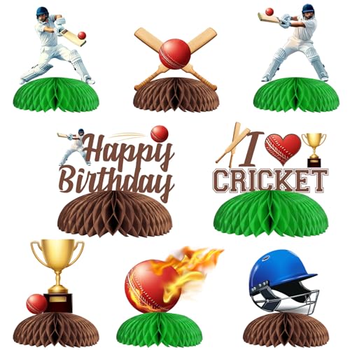 Jollyboom Lot de 8 décorations d'anniversaire de cricket sur le thème du cricket en nid d'abeille pour centre de table sur le thème du cricket - Fournitures de fête d'anniversaire sur le thème du