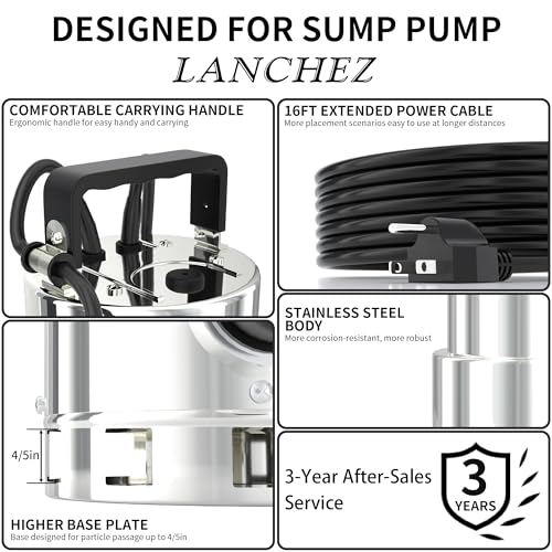 Image of LANCHEZ Sump Pump, 1.6HP High Flow Submersible Water Pump with Float Switch, 6000GPH Automatic Transfer Utility Pump Pump for Swimming Pool Basement Flooded Pit Sewage Sink Tub, Stainless Steel Large