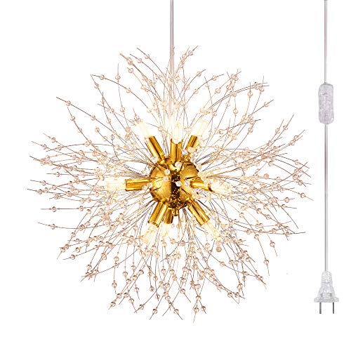 Flash Sale Buy 1 get 1 Vikaey Plug-in 9-Light Crystal Chandeliers, Dandelion Firework Modern Sputnik Chandelier Ceiling Light Fixture Pendant Lighting with in-Line On/Off for Dining Room Bedroom Kitchen Island Living Room