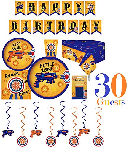 Serves 30 | Complete Party Pack | Dart War Party Supplies Set | Plates | Cups | Napkins | Table Cover | Swirls | Happy Birthday Banner | Candles | Ideal for Interactive sports birthday theme dart party