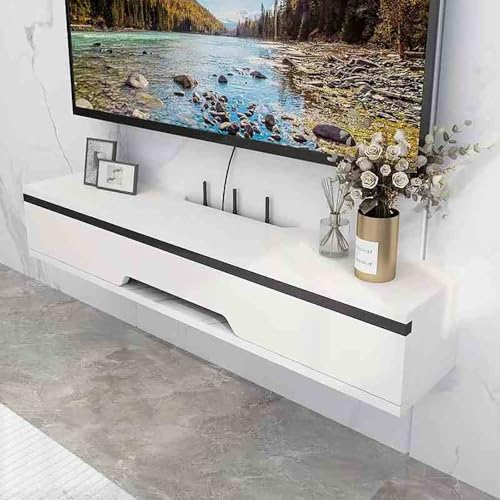 Meuble TV mural avec porte à rabat pour masquer le désordre et sécuriser vos appareils de salon