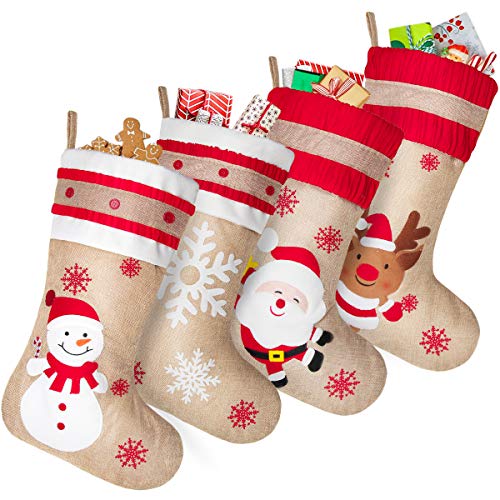 FUNSEED Burlap Christmas Stockings,18 inch 4 Pack Snowflakes Snowman Santa Claus Reindeer Rustic Stockings for Holiday Farmhouse Family Xmas Decoration