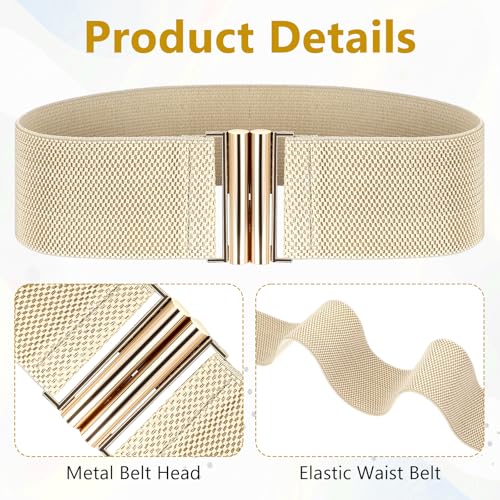 cobee 3Pcs Wide Elastic Belts for Women, Vintage Stretch Waist Belt Adjustable Dress Waistband Stretchy Belt with Golden Buckle Black White Khaki4