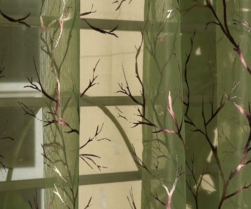 Image of littlelotus Tree Print Tissue Net Sheer Transparent Grommet Curtains for Window 5 feet Long Set of 2, Green