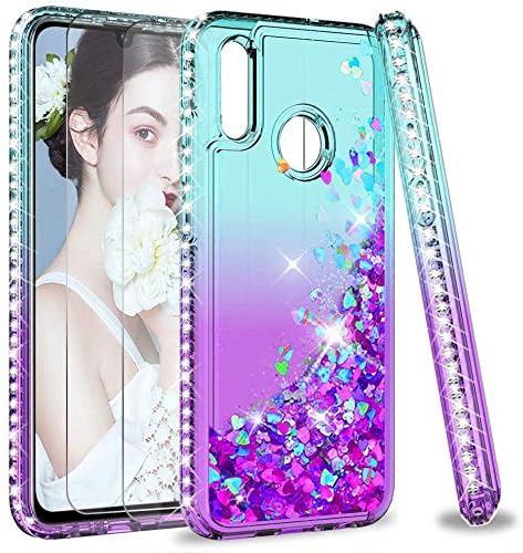 LeYi Case for Huawei P Smart 2019 with Tempered Glass Screen Protector [2 pack], Girl 3D Glitter Liquid Cute Personalised Clear Silicone Gel Cover for P Smart 2019/Honor 10 lite Turquoise Purple