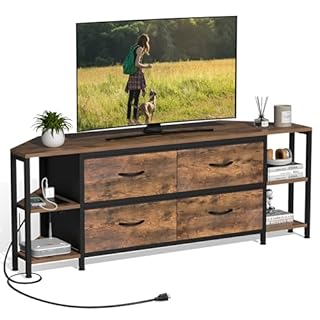Welfuturer Corner TV Stand with 4 Drawers & Built‑in Power Outlet, Industrial Corner Entertainment Unit for TVs up to 55″, Farmhouse Rustic Console with 4 Open Shelves for Living Room or Bedroom