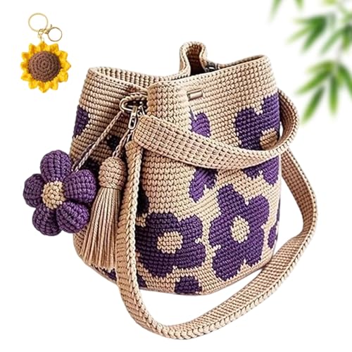 LLELEMAMO 2026 Neue Handgemachte Häkel-Blumen Tragetasche Gestrickte Blumen Handtasche Boho Gewebte Umhängetasche Schultertasche für Damen Sommer Urlaub Strand Reisen mit 3D Blumens (Purple)