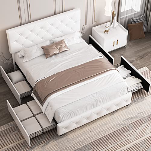 King Bed Frame with Storage and Adjustable Headboard, Bed Frame with 4