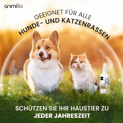 animigo Anti Juckreiz Spray - 250ml Fellpflege - Für Hunde & Katzen - Mit Aloe Vera, Teebaumöl, Nelkenöl, Glyzerin, Rizinusöl, Hexandiol - Für alle Altersgruppen - Hundespray gegen Juckreiz