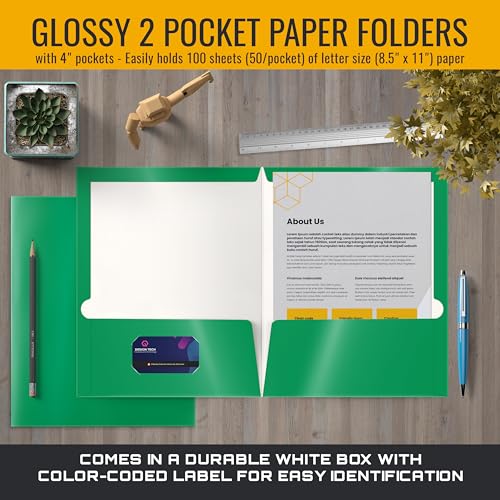 Image of Better Office Products 2 Pocket Glossy Laminated Green Paper Folders, Letter Size, 25 Pack, Green Paper Portfolios, Box of 25