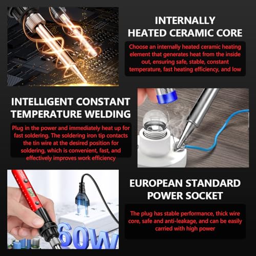 Image of Serplex 60W Soldering Iron Kit with LCD Digital Display, 180-520C Adjustable Temperature Welding Tools Set with 5 Replaceable Tips, Tweezers, Cleaning Sponge, On /Off Switch, for Electronic Repair