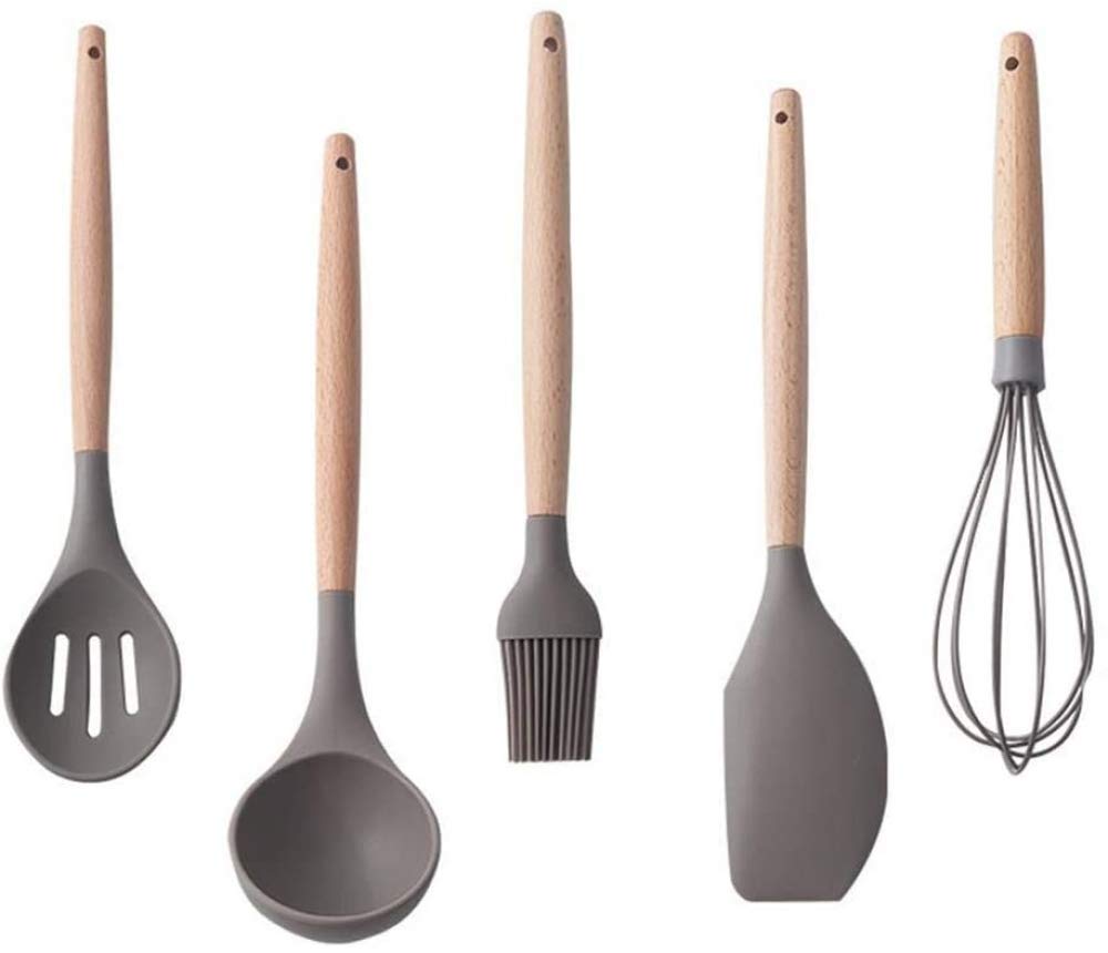 5 Piezas/Juego De Cocina De Silicona Resistente Al Calor Con Mango De Madera, Espátula De Silicona Para Batir, Cepillo Para Huevos Para Colador, Dentro De 240 ℃