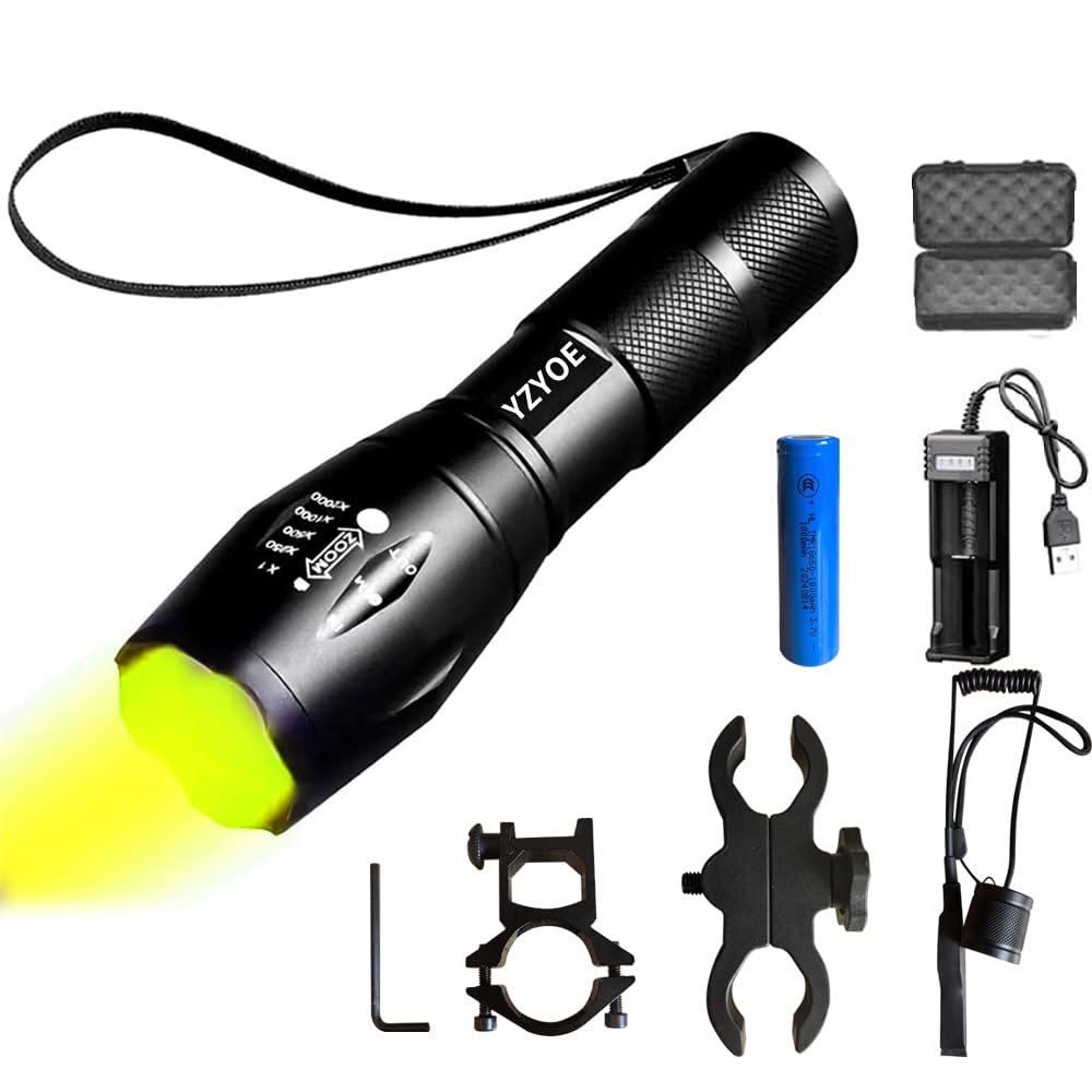 YZYOE Rechargeable Yellow Warm Light Tactical Flashlight?500 Yard Warm Yellow Light Zoomable Flashlight Observation Lights with Pressure Switch Universal Picatinny Rail Mount kit.
