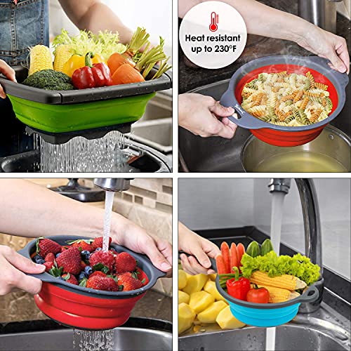 Rubonc Collapsible Colanders - Set Of 3, Adjustable Over The Sink Silicone Foldable Round Fruits, Vegetable, Food Draining Colorful Baskets And Pasta Strainer With Handle For Kitchen - 6/4/2 Quarts #TOP2