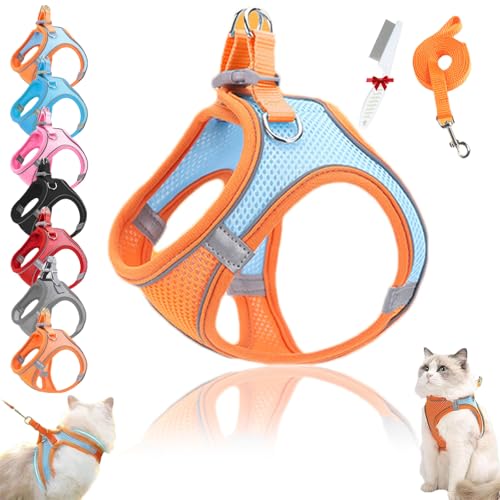 Cat Harness, Harness Adjustable Soft Mesh Vest, Escape Proof Outdoor Cat Leash with Reflective Safety Strips No Choke No Pull, Easy to Wear for