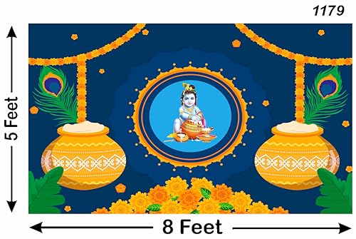 Image of Bal Krishna with Matuki Design Backdrop Curtain for Decoration Pooja Decoration Especially Krishna Janmashtami Traditional Fabric-Polyster Size-5Feet Height and 8Feet Width(5 * 8)