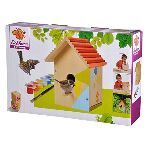 Eichhorn 100004581 Outdoor-100004581-Vogelhaus aus Holz, zum Zusammenbauen und Bemalen, inkl. Pinsel und Farben, 14x14x24cm Lindenholz, DIY, Bunt Cover